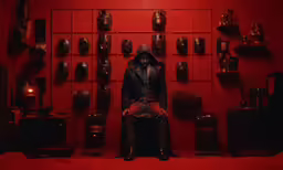 a man in a dark room with a red background