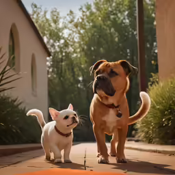 two dogs in front of a house on the sidewalk