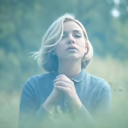 a woman looking up in the air as she stands in a field