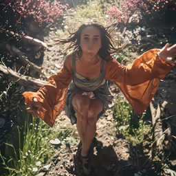 a woman is doing an upside down trick in a field
