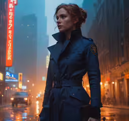 woman standing outside in the rain, looking down at the camera,a woman in uniform stands in front of a skyscraper