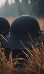 two black hats sit together in a field