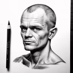 a pencil drawing of an old man wearing a balding head