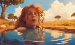 a woman with red hair lying in water