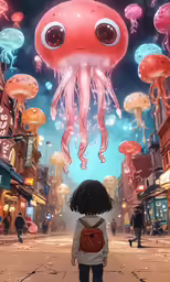 a little girl looking at an octopus with giant jellyfishs