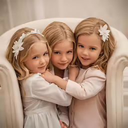 three little girls sitting together in a chair