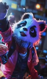 a furry panda bear with two black hands in the air