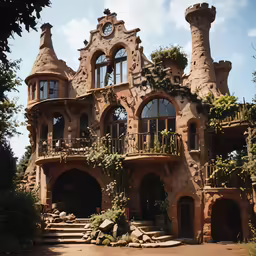 a castle style building sitting next to some bushes