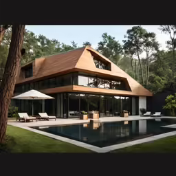 an modern house with a pool and lawn