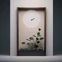 the wall clock has plants in it underneath a light