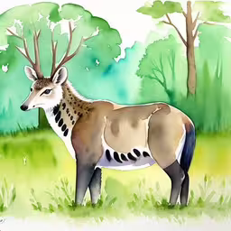 a painting of an antelope with trees behind it,a painting of an animal with spots on it