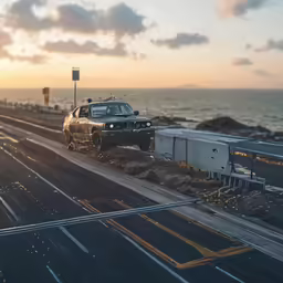 two cars on a road with the sun setting