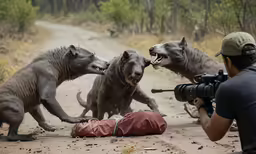 man with camera looking at four hyenas