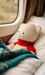 a stuffed bear sitting on a blanket in front of a window