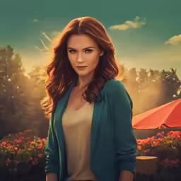 a young woman wearing a blue blazer and brown shirt, standing next to flowers and a lawn