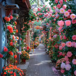 colorful flowers growing around in a greenhouse next to sidewalk,many colorful flowers lining the walkway of a small town