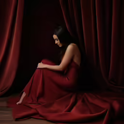 a woman in a red dress sitting on the floor next to curtains