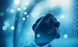 a man is posing in front of a window with a rain