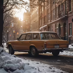 an orange car parked on a city street