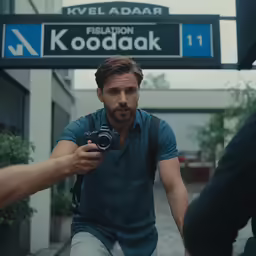 a man takes pictures on the street with his camera
