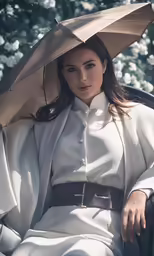 the brunette woman is sitting down under a brown umbrella