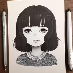 an artistic drawing of a girl with dark brown hair and bangs