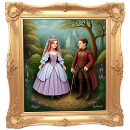 a portrait is displayed in front of a painting,painting with picture frame of a man and woman dressed like a princess