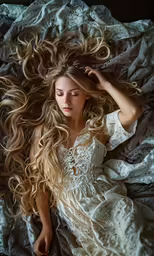a girl with curly hair laying on a bed