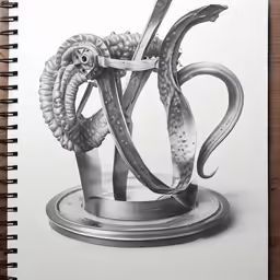 a drawing of an intricate coffee cup and spoon