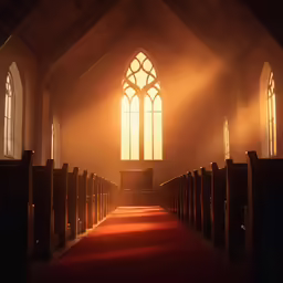 an empty church aisle at sun light, with bright sunshine coming in