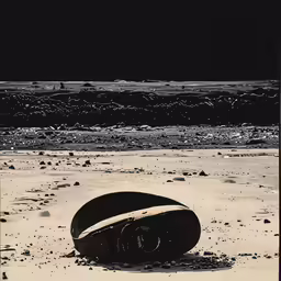 a surfboard lays in the sand at night