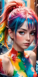 a young girl with bright hair and paint smeared on her body