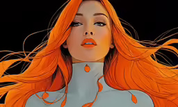a woman in white top with long hair and orange lipstick