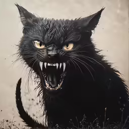 a painting of a black cat with a scary look