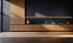 an empty kitchen has a large window on the wall