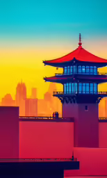 an oriental building on top of a roof with people under it