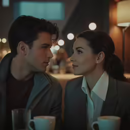 a woman sitting next to a man with cups on his lap