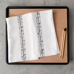 white napkins sitting on a wooden tray next to chopsticks