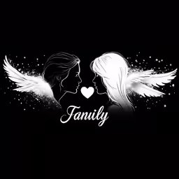 two white angel on black with a word family