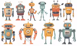 a bunch of cartoon robot figures standing in a row