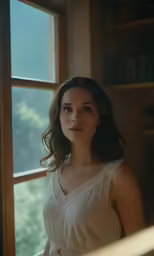 a woman sitting on a window sill by a book shelf