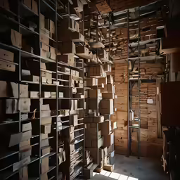 cardboard boxes are stacked on shelves in an empty room