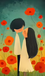 a couple kissing with poppies in the background