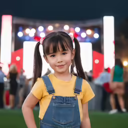 a young girl in overalls at an outdoor concert