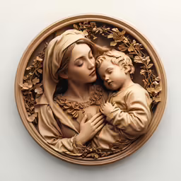 a statue of an infant and a baby in a brown frame