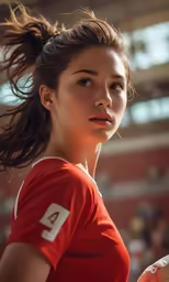 a young girl in an orange shirt holding a ball