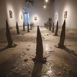 multiple sculptures placed on a dirty surface in a room