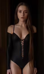 a woman wearing a black corset and gloves