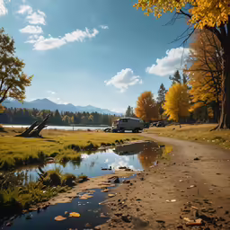 cars parked by a river and a grassy field with trees