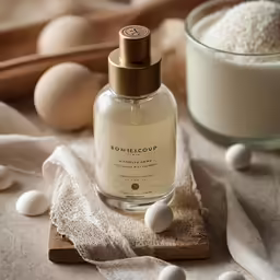 a bottle of some kind of perfume and some eggs on a counter
